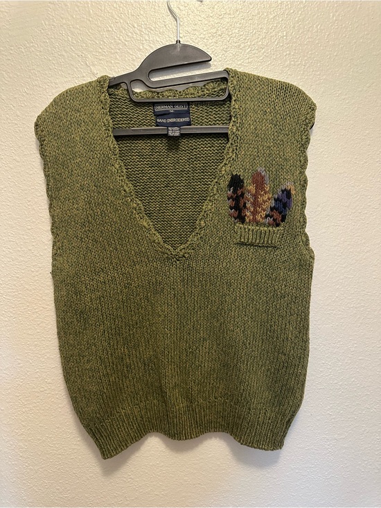 herman geist Sweaters - Hand-Embroidered Olive V-Neck Sweater Vest